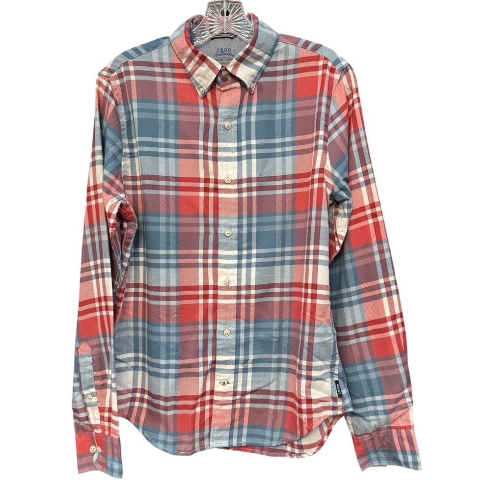 IZOD Saltwater Men’s Slim Fit Plaid Button Down Shirt Red Blue Small